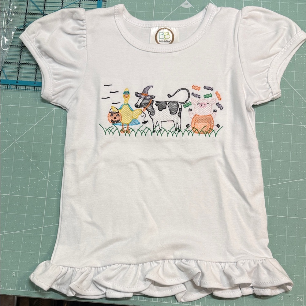 Kids White Ruffle-Hem Embroidered Farm Animal Tee